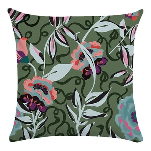 Detail of soft square pillowcase with vintage floral pattern on dark green fabric