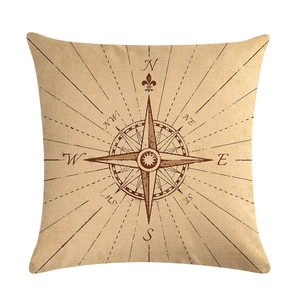 Detailed view of nautical compass rose print on square linen blend cushion cover