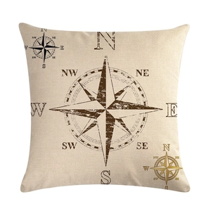 Detailed view of linen cushion cover featuring a vintage nautical compass print