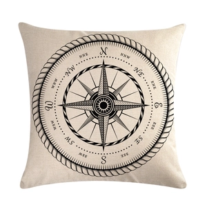 Macro shot of linen pillowcase with black compass nautical rope print and fabric texture
