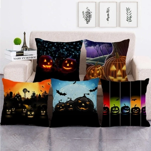 Set of 5 Halloween linen cushion covers with pumpkin and bat prints for home decor