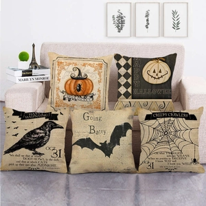 Set of 5 vintage Halloween linen throw pillow covers featuring pumpkins and bats
