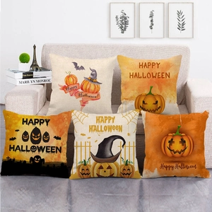 5-pack Halloween pumpkin and linen throw pillow covers set displayed on a cozy sofa