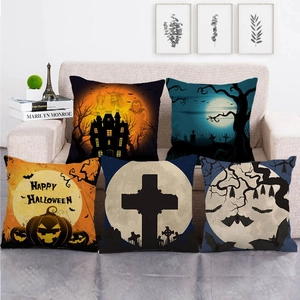 Five-piece Halloween linen pillow covers with pumpkin, cross, and castle motifs