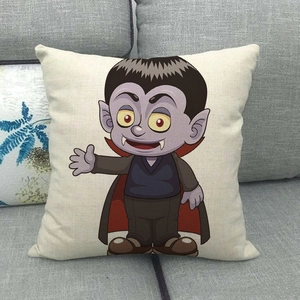 Linen cushion cover with cartoon vampire print on grey sofa for Halloween decor