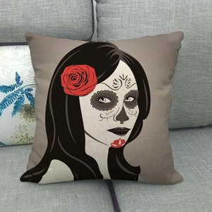 Detailed texture of linen pillowcase with Mexican Sugar Skull Day of the Dead art
