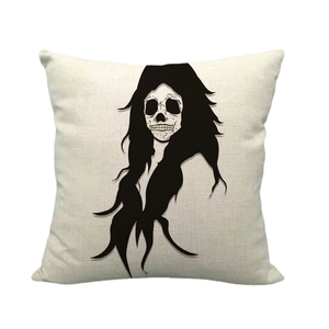 Minimalist linen pillowcase featuring a gothic long-haired skull art print on beige fabric