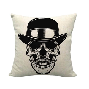 Fodera per cuscino in lino con teschio vintage con cappello a cilindro e baffi