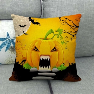 Macro view of linen texture with vibrant Halloween pumpkin and bat print details