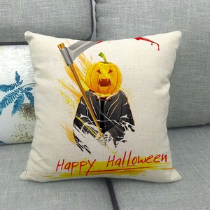 Linen Halloween pillowcase featuring a pumpkin reaper design on a grey fabric sofa