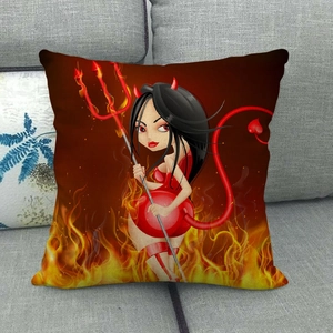 Close-up of linen pillow cover with red cartoon devil female print on a grey sofa