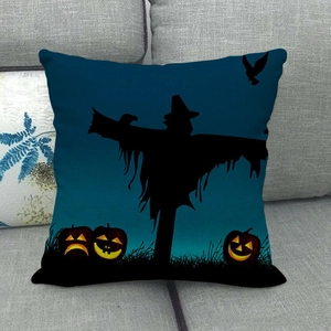 Detailed texture of linen Halloween pillow cover with scarecrow and pumpkin silhouette