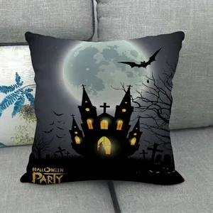 Halloween Party linen pillow cover featuring a full moon, spooky castle, and flying bats