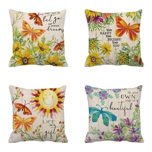Four-piece set of linen throw pillow covers with sunflower and butterfly designs