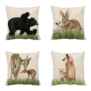 Set of 4 square linen pillowcases with watercolor forest animals and deer prints