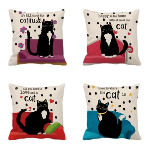 Set of 4 linen pillow covers featuring hand-drawn black and white cat illustrations