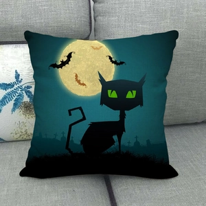 Halloween throw pillow cover featuring a black cat and full moon on a blue linen cushion