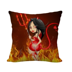 Cartoon devil girl linen pillow cover with vibrant fire flames and heart tail design