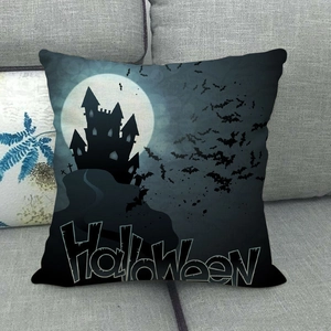 Halloween decorative linen pillowcase featuring a moon castle and bat pattern on a sofa