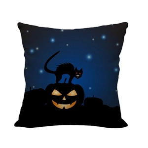 Halloween linen pillow case with black cat and glowing pumpkin under starry sky