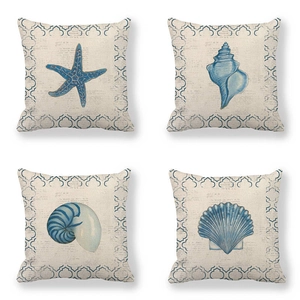 Details von 4 Ozean-Leinenkissenbezügen mit blauen Seestern- und Muschelmotiven