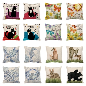 Decorative Linen Cushion Covers Square Throw Pillow Cases Animal Ocean Cat Sunflower Pattern For Sofa Couch Home Decor