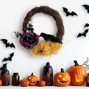 Corona Halloween Rosa Artificial Cuervo Araña Decoración Ratán Natural Gótico Festival Fantasmas Adornos Puerta