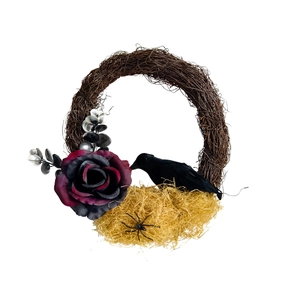 Corona gótica de Halloween con rosas negras, araña y cuervo sobre base de vid natural