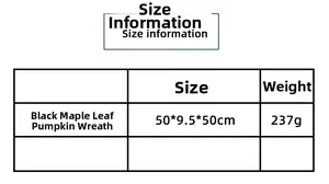 Size chart detail for black maple leaf pumpkin wreath measuring 50x50x9.5cm and 237g
