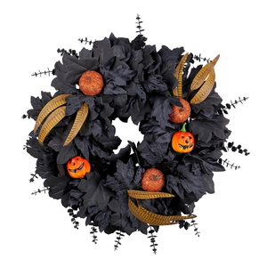 Halloween black maple leaf wreath with orange glitter pumpkins and jack-o-lanterns