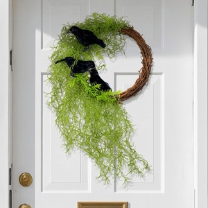 Halloween Wreath With Artificial Moss And Black Crows Raven Natural Rattan Vine Door Hanging Gothic Forest Decor