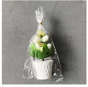 Detail of Easter egg potted plant in textured white pot with yellow flowers and green leaves