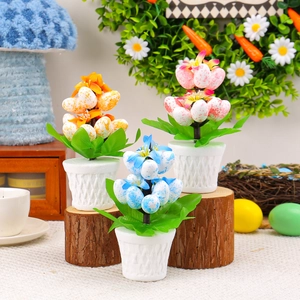 Easter foam speckled egg bonsai set with pink, blue, and orange potted plants