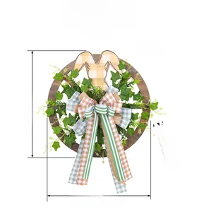 Detailed dimensions of Easter rabbit wreath with faux greenery and plaid bow on wood base