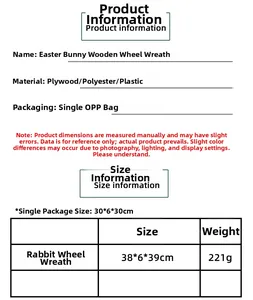 Size chart showing Easter bunny wooden wheel wreath dimensions and material details