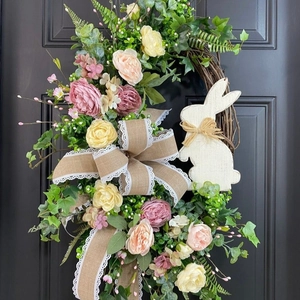 Easter Wreath Artificial Rose Greenery Burlap Lace Bow Wooden Bunny Front Door Hanging Farmhouse Spring Home Decor