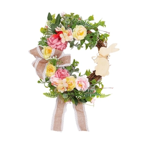 Easter floral wreath with pink roses, green leaves, burlap bow and wooden bunny pendant