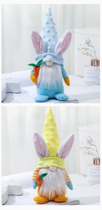 Detail of plush Easter gnomes with rabbit ears and carrots in a bright home setting