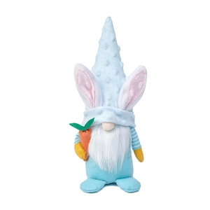 Easter gnome plush decoration with blue rabbit ear hat and holding a felt carrot