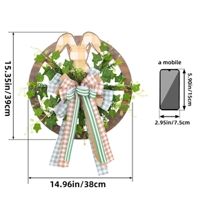 Easter wreath with rabbit ears and Happy Easter text, artificial ivy decor, 39cm size