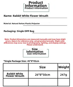 Size chart for Easter bunny wreath made of natural rattan measuring 26x8x50cm and 247g