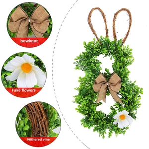 Artificial rabbit-shaped Easter wreath with greenery vine ears and a burlap bowknot decor