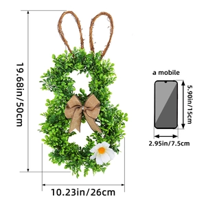 Easter rabbit shaped wreath with artificial green leaves and dimensions shown for home decor