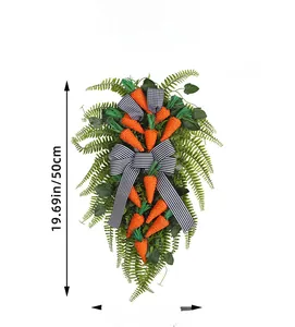 Easter carrot wreath with green leaves and striped bow showing 50x30cm size details