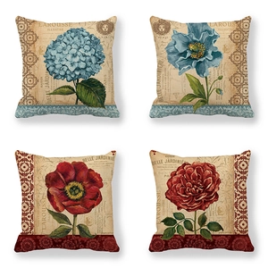 Vintage French Floral Linen Throw Pillow Cover Decorative Rose Hydrangea Poppy Cushion Case For Living Room Sofa Home Decor