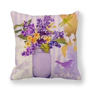 Linen pillow cover featuring purple peony flowers in a mason jar and dragonfly design