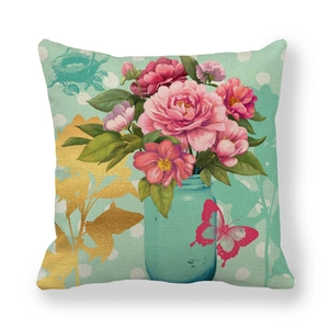 Linen pillow cover with colorful peony flowers, blue vase and butterfly patterns