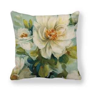 Detailed view of camellia oil painting texture on square linen cushion cover fabric