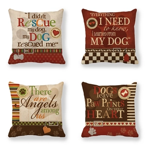 Set of 4 rustic linen throw pillow covers with vintage dog rescue quotes and paw prints