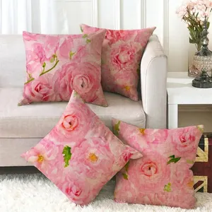 Pink Rose Flower Linen Pillow Cover Square Decorative Throw Pillowcase For Sofa Couch Living Room Bedroom Home Decor